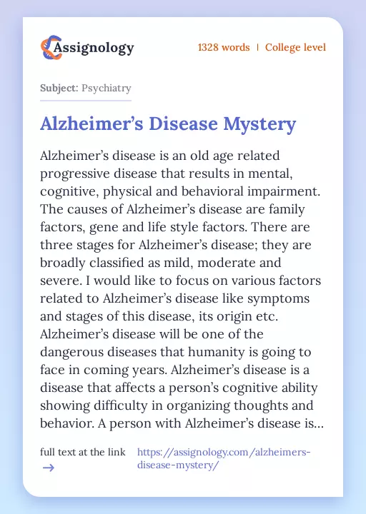 Alzheimer’s Disease Mystery - Essay Preview