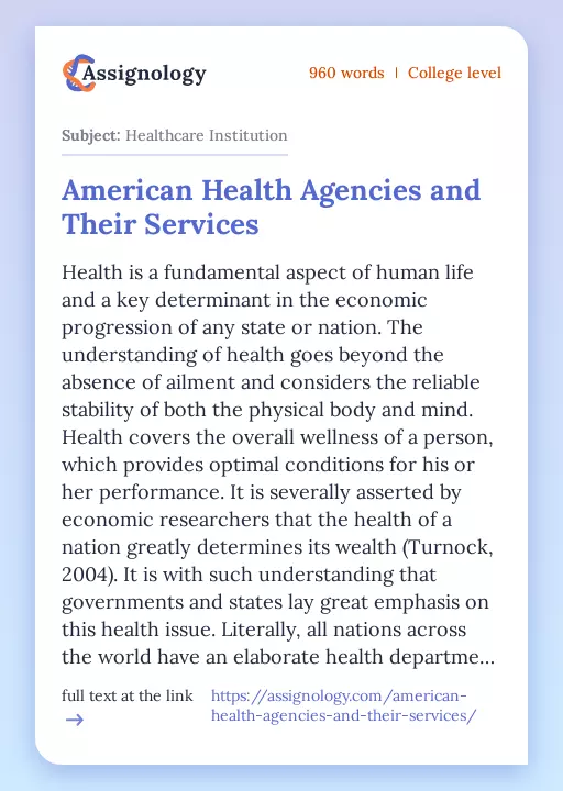 American Health Agencies and Their Services - Essay Preview