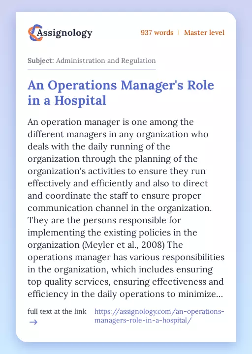 An Operations Manager's Role in a Hospital - Essay Preview