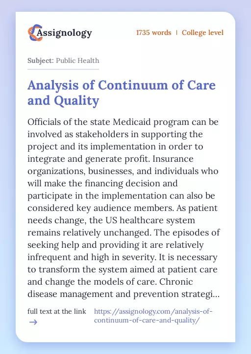 Analysis of Continuum of Care and Quality - Essay Preview