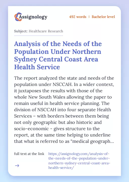 Analysis of the Needs of the Population Under Northern Sydney Central Coast Area Health Service - Essay Preview