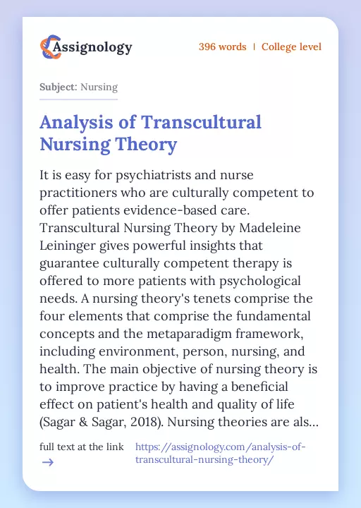 Analysis of Transcultural Nursing Theory - Essay Preview