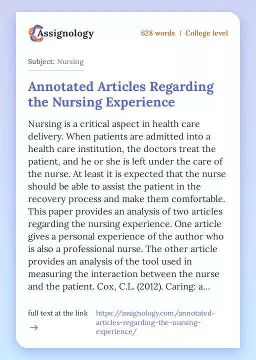 Annotated Articles Regarding the Nursing Experience - Essay Preview