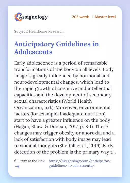 Anticipatory Guidelines in Adolescents - Essay Preview