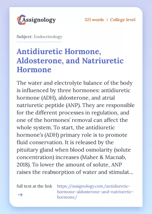 Antidiuretic Hormone, Aldosterone, and Natriuretic Hormone - Essay Preview