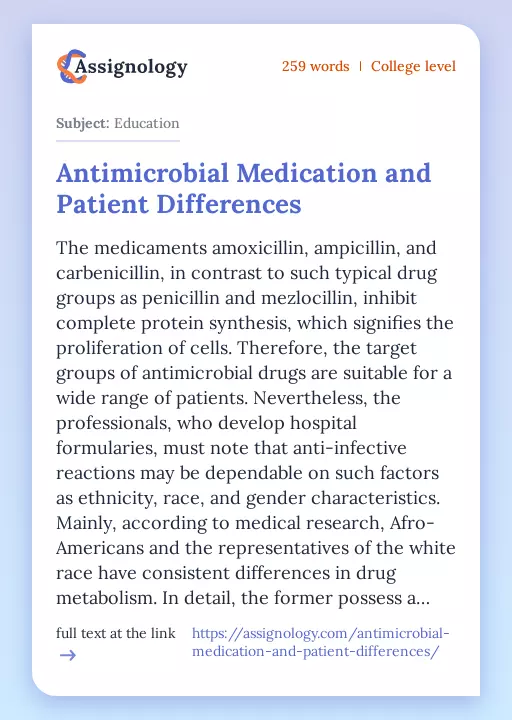 Antimicrobial Medication and Patient Differences - Essay Preview