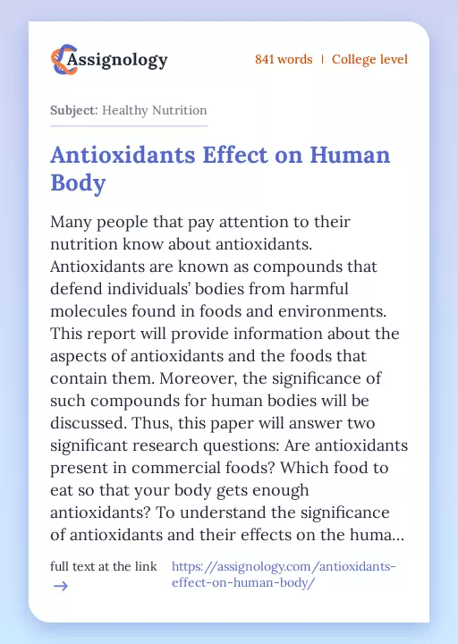 Antioxidants Effect on Human Body - Essay Preview