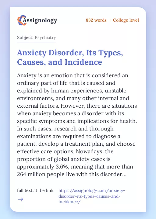 Anxiety Disorder, Its Types, Causes, and Incidence - Essay Preview