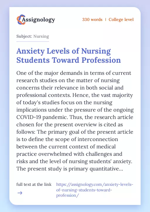 Anxiety Levels of Nursing Students Toward Profession - Essay Preview