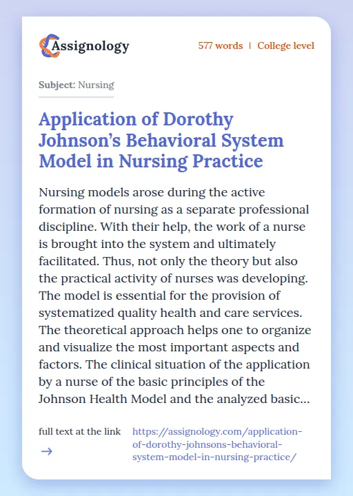 Application of Dorothy Johnson’s Behavioral System Model in Nursing Practice - Essay Preview