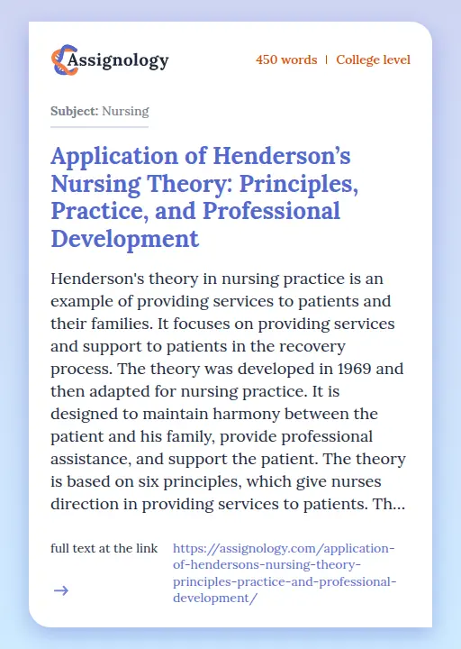 Application of Henderson’s Nursing Theory: Principles, Practice, and Professional Development - Essay Preview