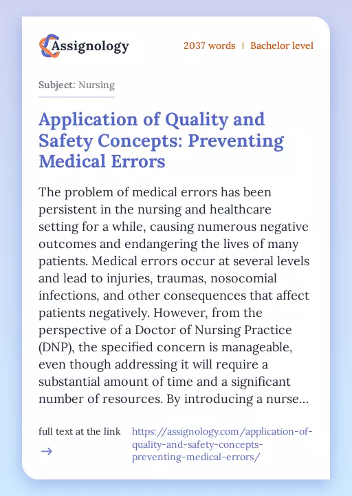 Application of Quality and Safety Concepts: Preventing Medical Errors - Essay Preview