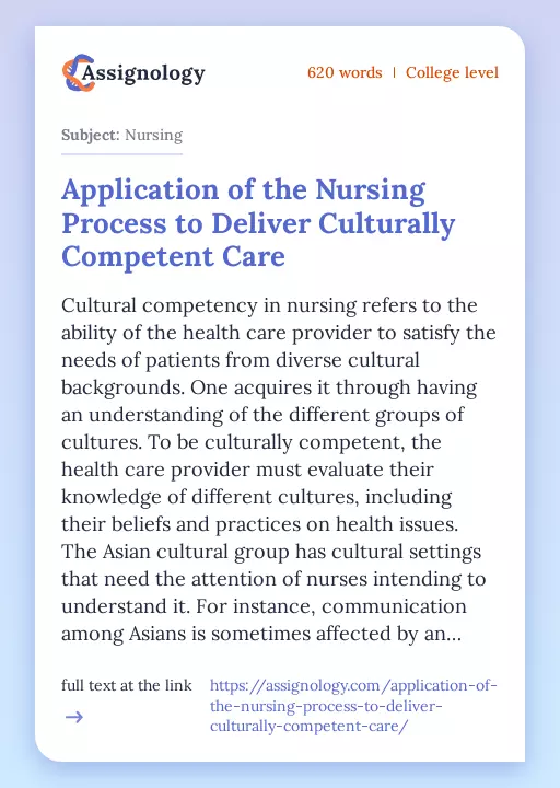 Application of the Nursing Process to Deliver Culturally Competent Care - Essay Preview