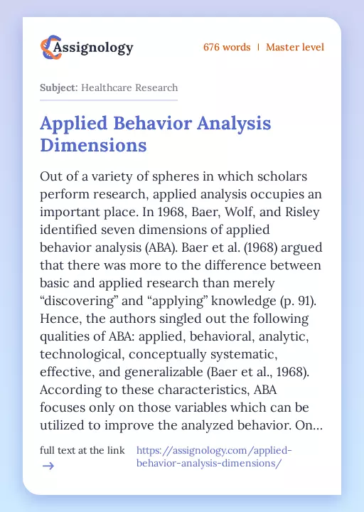 Applied Behavior Analysis Dimensions - Essay Preview