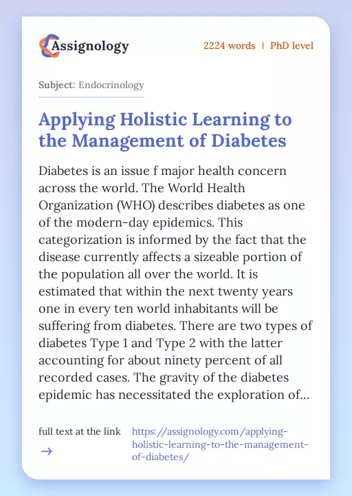 Applying Holistic Learning to the Management of Diabetes - Essay Preview