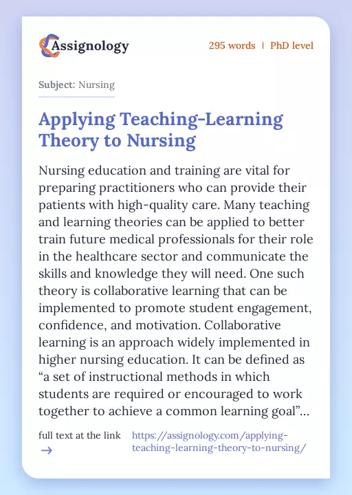 Applying Teaching-Learning Theory to Nursing - Essay Preview