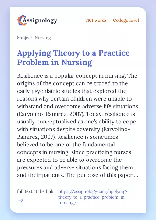 Applying Theory to a Practice Problem in Nursing - Essay Preview