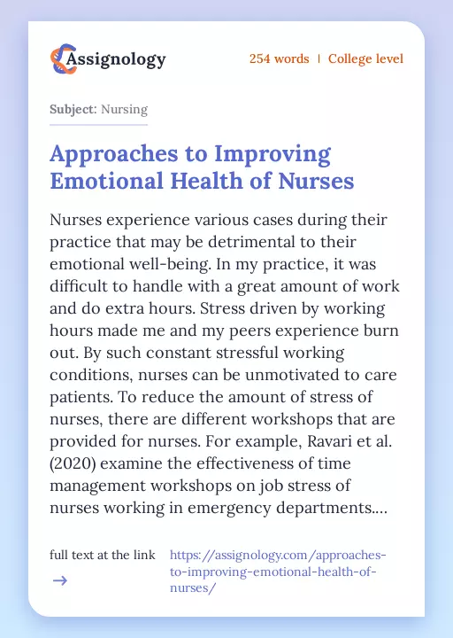 Approaches to Improving Emotional Health of Nurses - Essay Preview