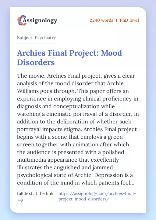 Archies Final Project: Mood Disorders - Essay Preview