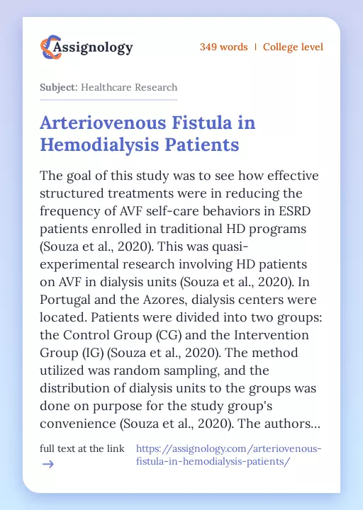 Arteriovenous Fistula in Hemodialysis Patients - Essay Preview
