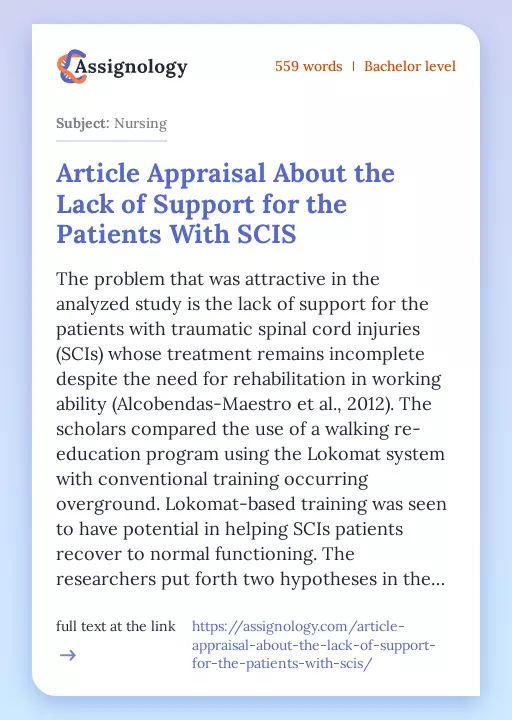 Article Appraisal About the Lack of Support for the Patients With SCIS - Essay Preview