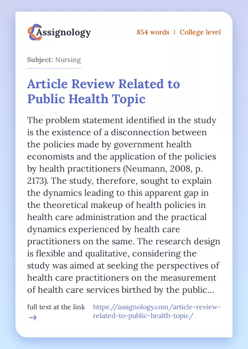 Article Review Related to Public Health Topic - Essay Preview