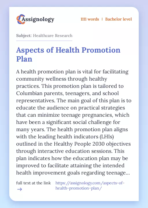 Aspects of Health Promotion Plan - Essay Preview