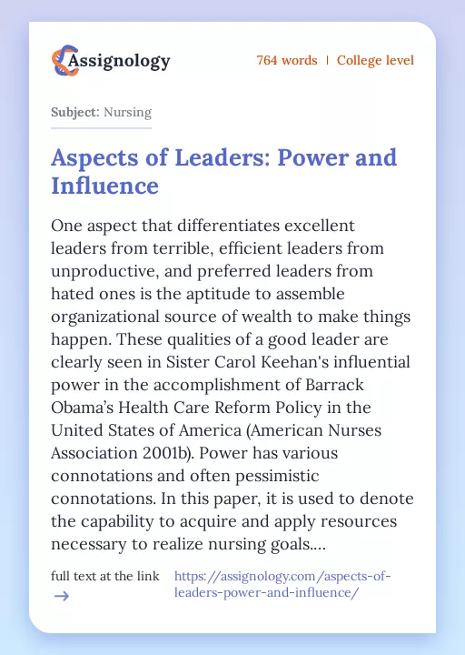 Aspects of Leaders: Power and Influence - Essay Preview