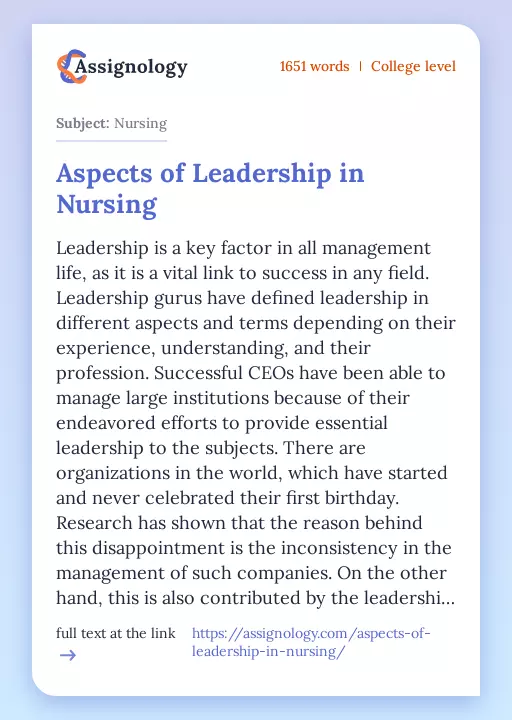 Aspects of Leadership in Nursing - Essay Preview