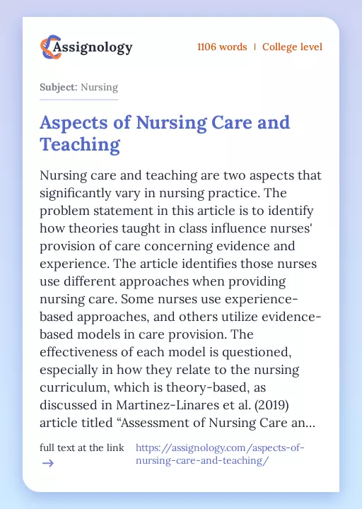 Aspects of Nursing Care and Teaching - Essay Preview