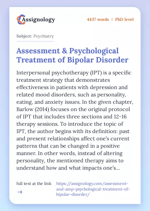 Assessment & Psychological Treatment of Bipolar Disorder - Essay Preview