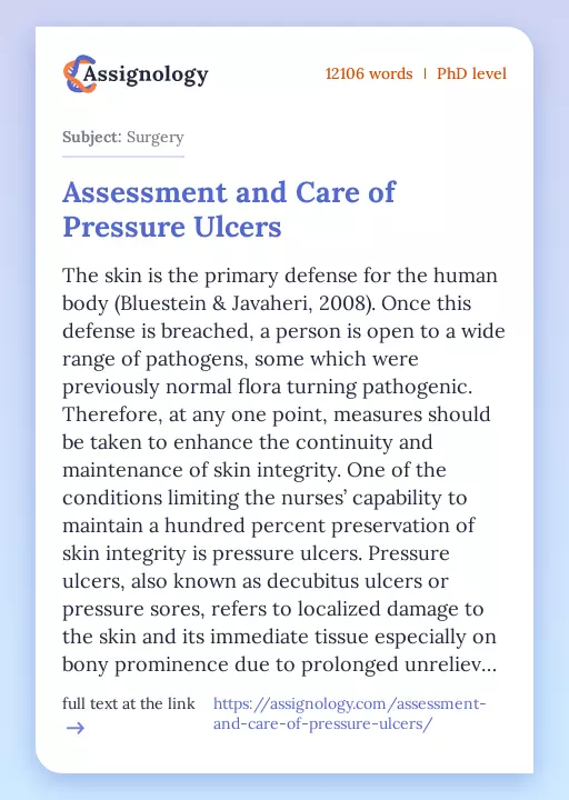 Assessment and Care of Pressure Ulcers - Essay Preview