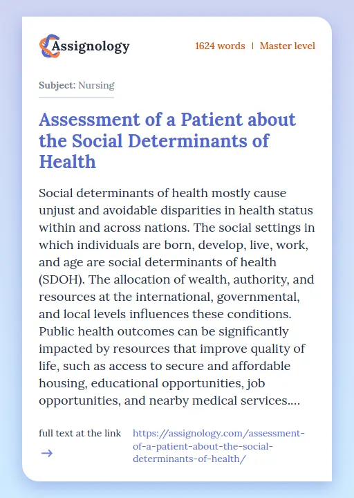 Assessment of a Patient about the Social Determinants of Health - Essay Preview