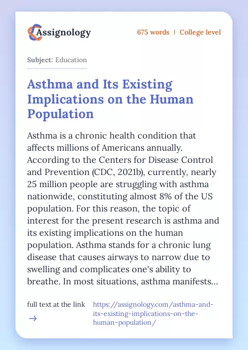 Asthma and Its Existing Implications on the Human Population - Essay Preview