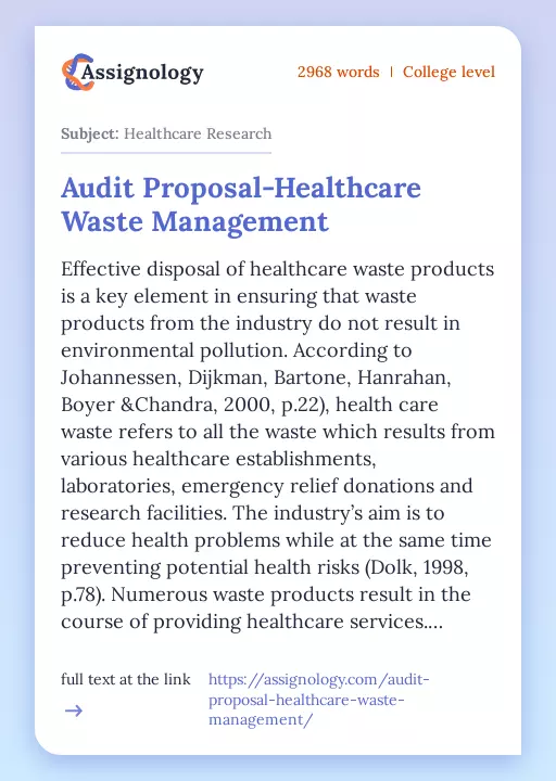Audit Proposal-Healthcare Waste Management - Essay Preview
