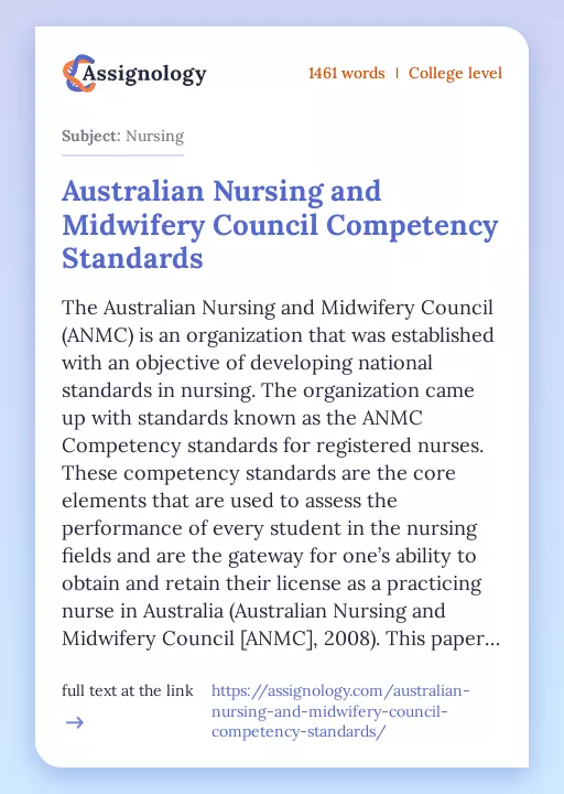 Australian Nursing and Midwifery Council Competency Standards - Essay Preview