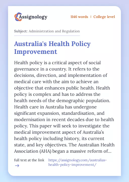 Australia's Health Policy Improvement - Essay Preview