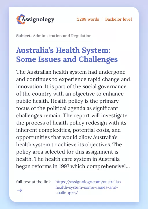 Australia’s Health System: Some Issues and Challenges - Essay Preview