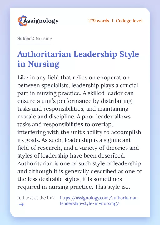 Authoritarian Leadership Style in Nursing - Essay Preview