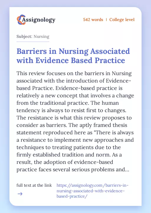 Barriers in Nursing Associated with Evidence Based Practice - Essay Preview