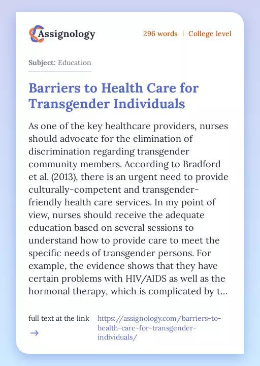 Barriers to Health Care for Transgender Individuals - Essay Preview