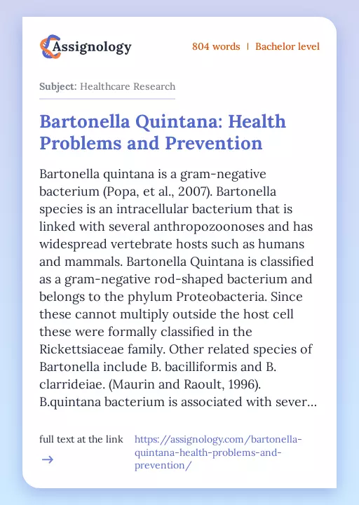 Bartonella Quintana: Health Problems and Prevention - Essay Preview