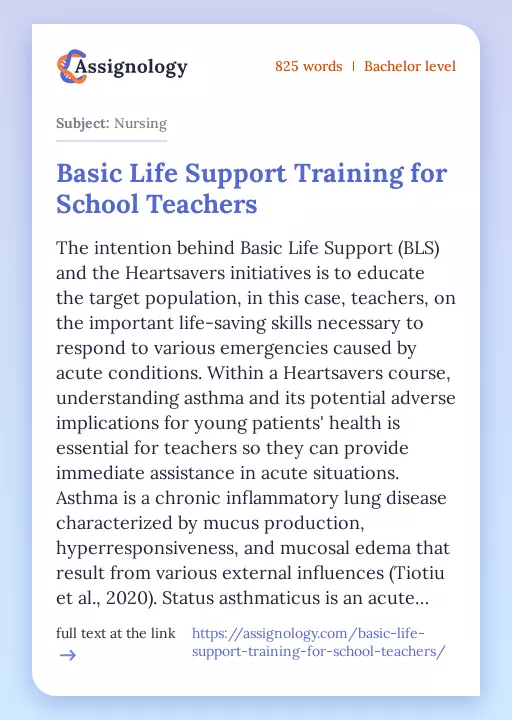 Basic Life Support Training for School Teachers - Essay Preview