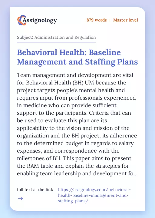 Behavioral Health: Baseline Management and Staffing Plans - Essay Preview