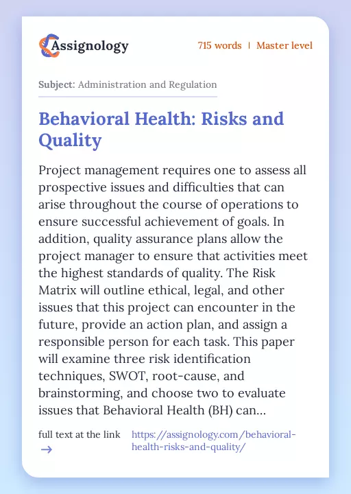 Behavioral Health: Risks and Quality - Essay Preview
