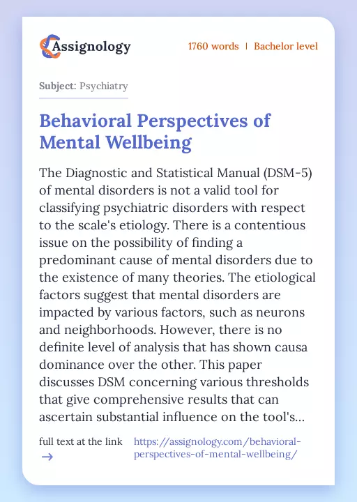 Behavioral Perspectives of Mental Wellbeing - Essay Preview