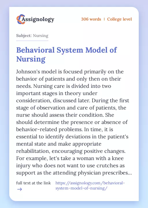 Behavioral System Model of Nursing - Essay Preview