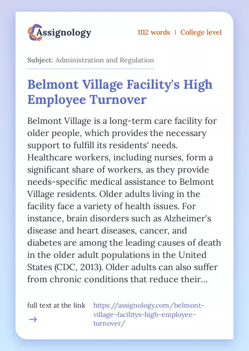 Belmont Village Facility's High Employee Turnover - Essay Preview