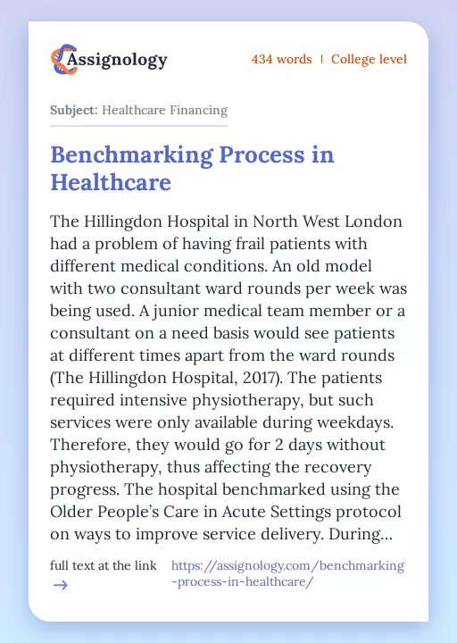 Benchmarking Process in Healthcare - Essay Preview