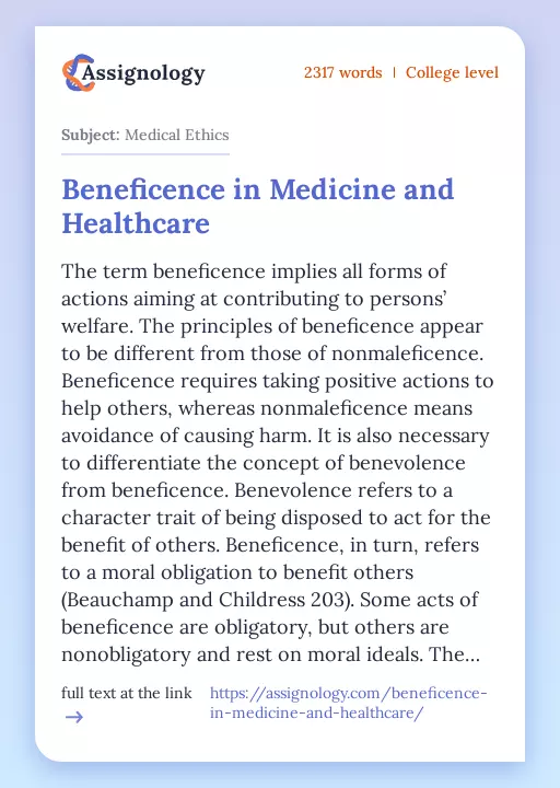 Beneficence in Medicine and Healthcare - Essay Preview